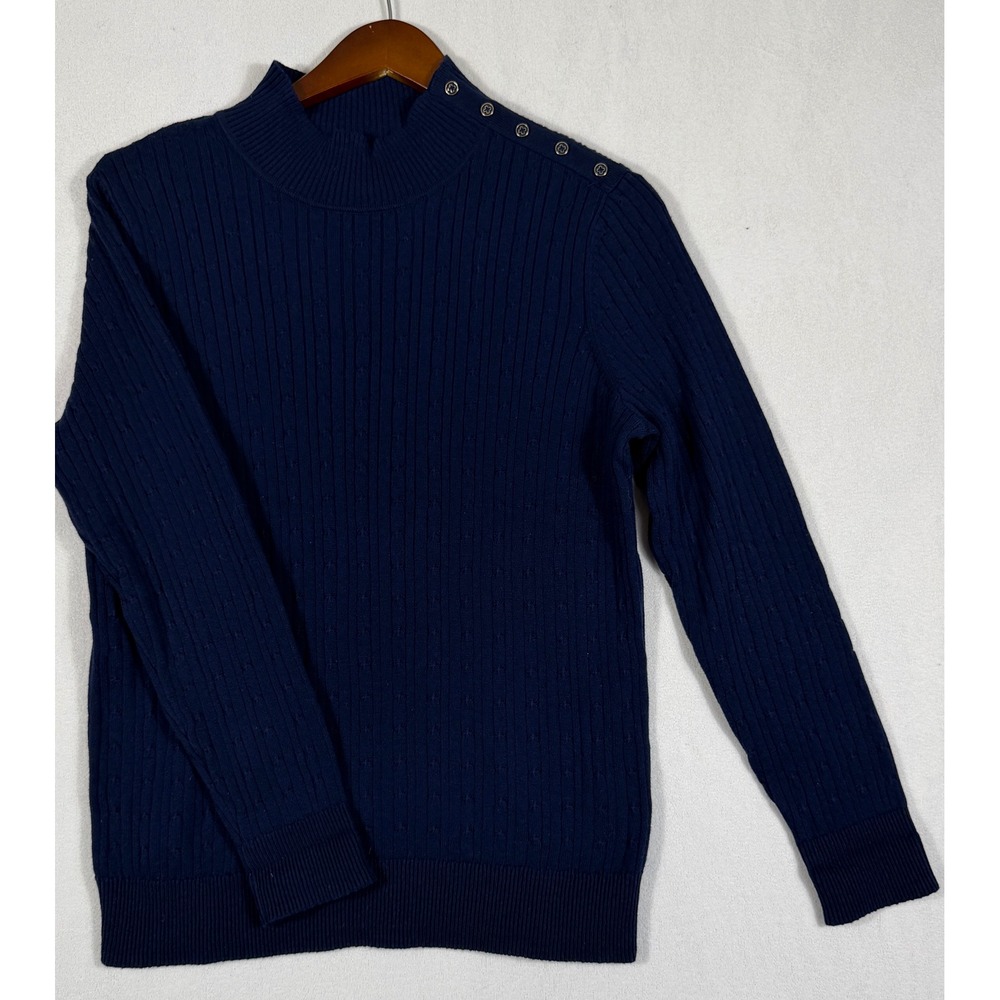 Kim Rogers Navy Blue Cable Knit Mock Neck Button Shoulder Cotton Sweater PM